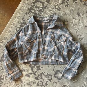 Fashion Nova Blue Plaid Cropped Utility Jacket